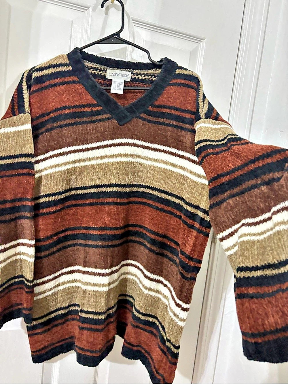 Cabin Creek Striped V-Neck Sweater in Brown & Black XL